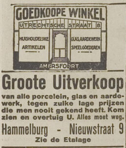 Advertentie uitverkoop in de winkel van Louis Hammelburg