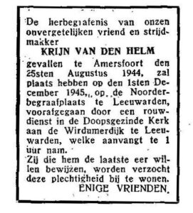 Advertentie met aankondiging herbegrafenis Krijn van den Helm